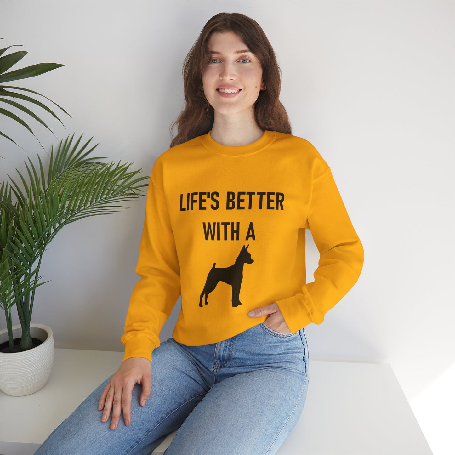Life's Better with a ( miniature pinscher silhouette )Dog Sweatshirt, Cozy Dog Lover Crewneck, Unisex Fleece Pullover, Pet Parent Gift, Casual Everyday Wear