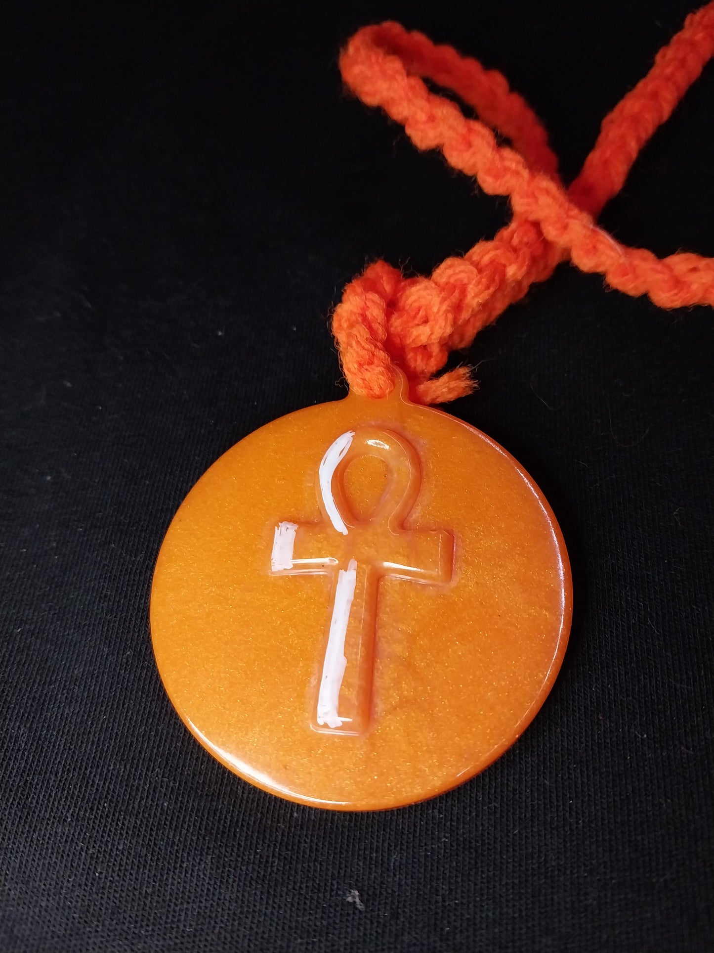 Egyptian Ankh On Disk Orange Resin Necklace