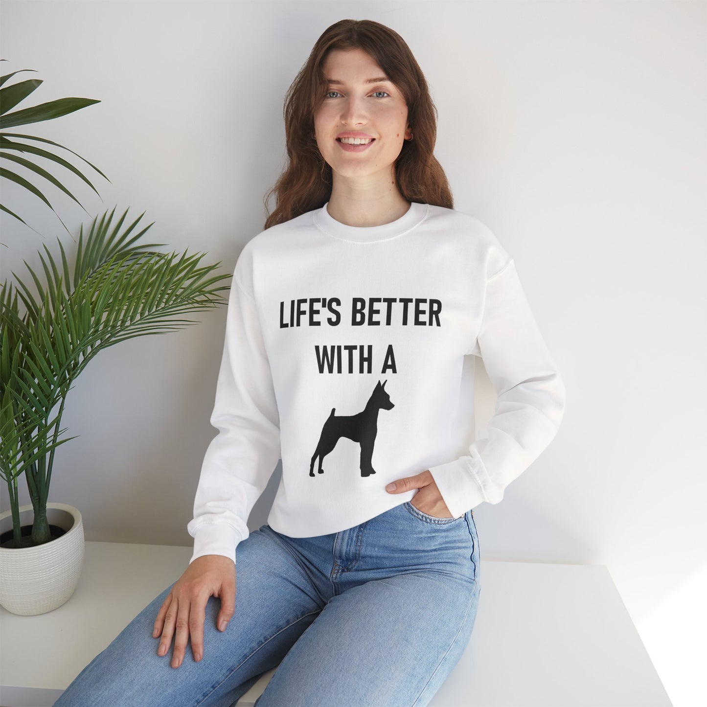 Life's Better with a ( miniature pinscher silhouette )Dog Sweatshirt, Cozy Dog Lover Crewneck, Unisex Fleece Pullover, Pet Parent Gift, Casual Everyday Wear