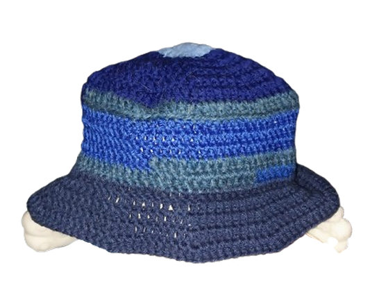 Bits of Blues Striped Crochet Standard Bucket Hat OOAK