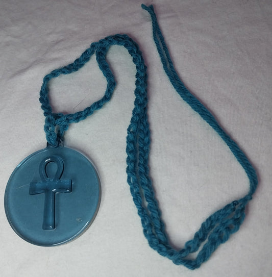 Egyptian Ankh On Disk Clear Blue Resin Necklace