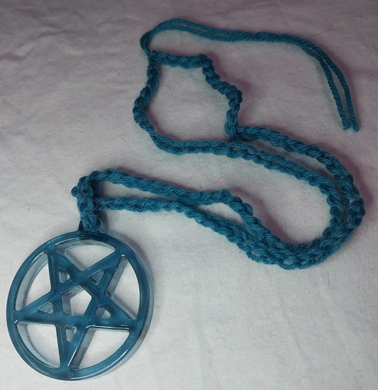 Inverted Pentacle In Circle Clear Blue Resin Necklace
