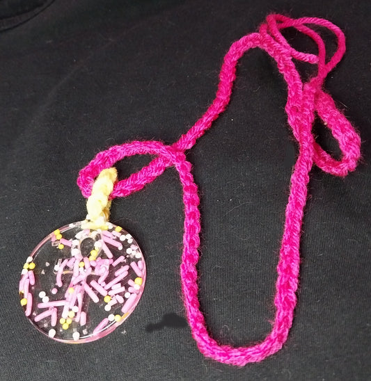 Egyptian Ankh On Disk Clear Resin with Embeded Multi Colored Candies Necklace