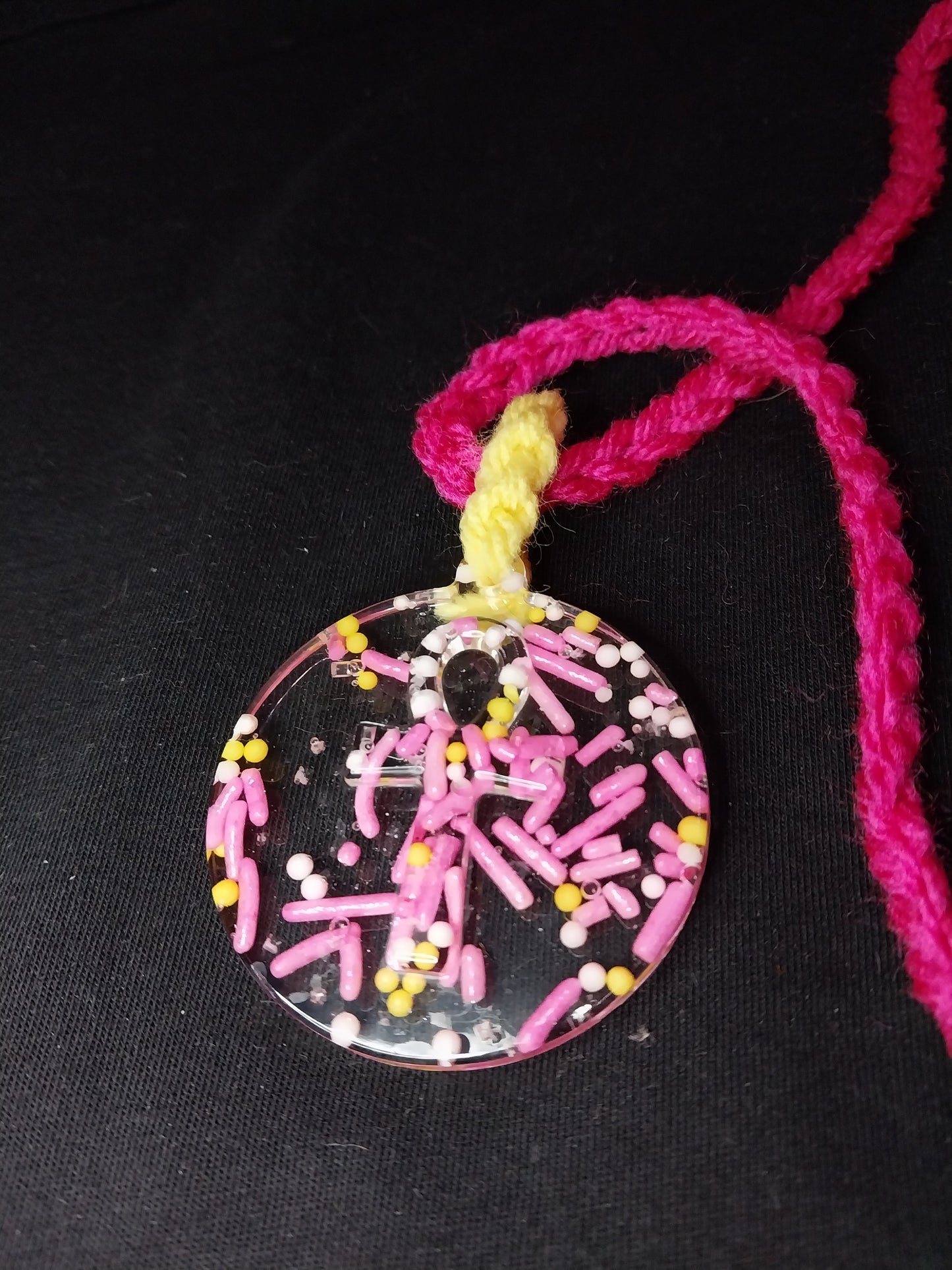 Egyptian Ankh On Disk Clear Resin with Embeded Multi Colored Candies Necklace
